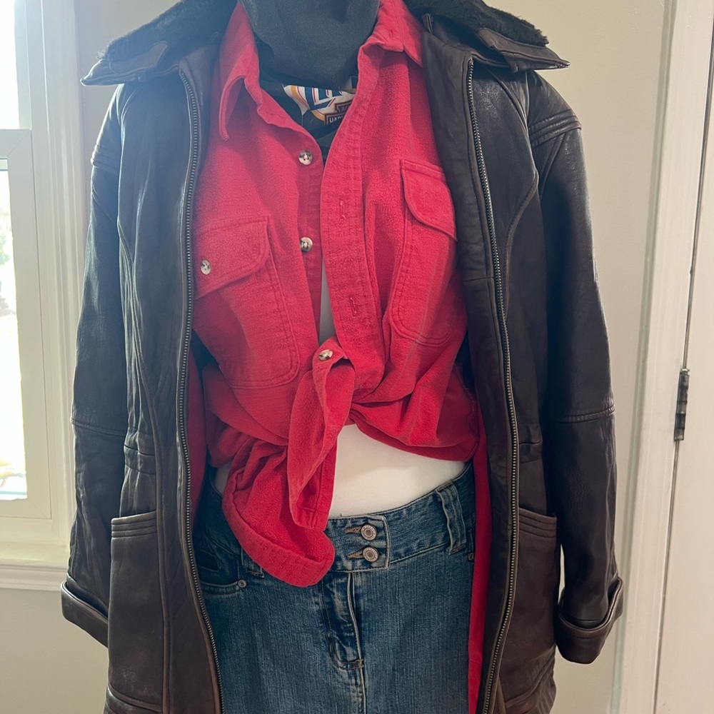 Pelle Studio Brown Leather Jacket with Red Shirt Layering